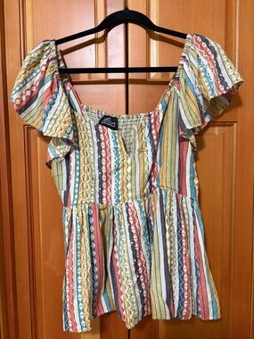 Angie Multi Colored Shirt size L with Flutter Sleeves